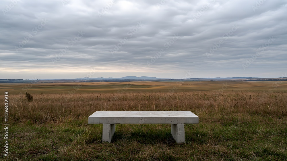 Solitary Concrete Bench Overlooking Vast Open Landscape with Dramatic Cloudy Sky and Expansive Fields in the Distance Solitary Concrete Bench Overlooking Vast Open Landscape with Dramatic Cloudy Sky and Expansive Fields in the Distance