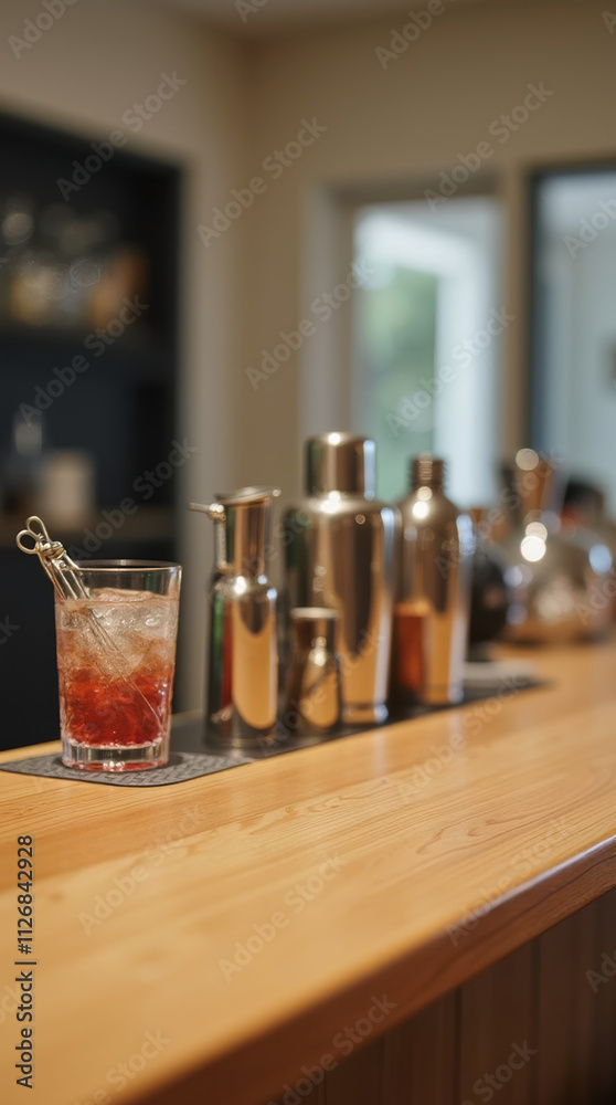 Minimalist Home Bar Setup: A Sleek Wooden Bar with Mixology Tools Minimalist Home Bar Setup: A Sleek Wooden Bar with Mixology Tools