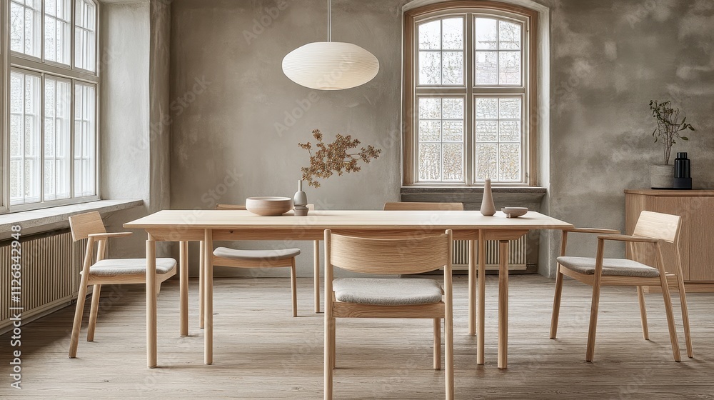 Cozy Minimalist Dining Room with Wooden Furniture and Arched Windows Cozy Minimalist Dining Room with Wooden Furniture and Arched Windows