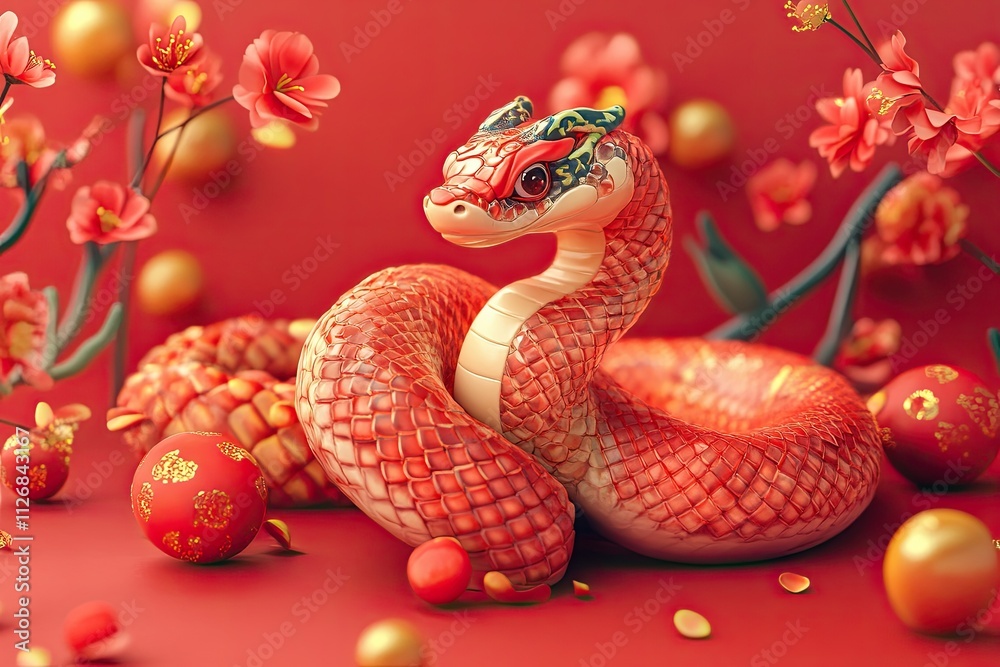 Fototapeta premium Cute snake on red background in Chinese style. Symbol of the new year 2025. Wallpaper, banner, background