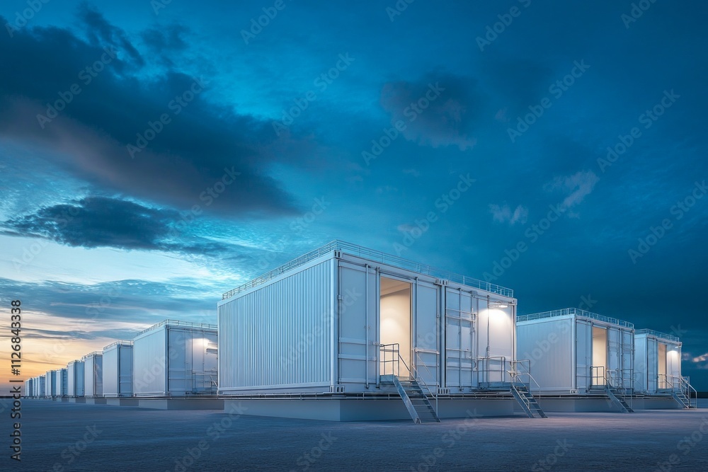 Modern Industrial Container Buildings at Dusk Modern Industrial Container Buildings at Dusk