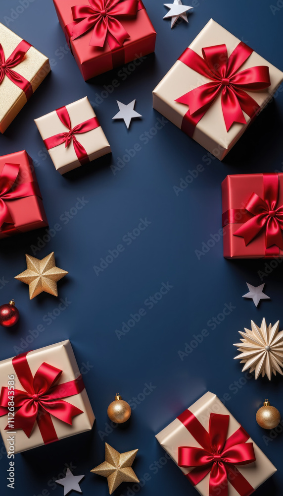 Assorted Christmas Gift Boxes with Red Ribbons, Gold Ornaments, and Decorative Stars on Blue Background Assorted Christmas Gift Boxes with Red Ribbons, Gold Ornaments, and Decorative Stars on Blue Background
