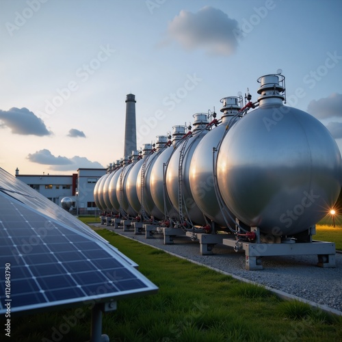 3D Image Industrial Power Plant featuring innovative manufactory and solar panels showcasing spherical high-pressure tanks outside the factory on a summer evening photo