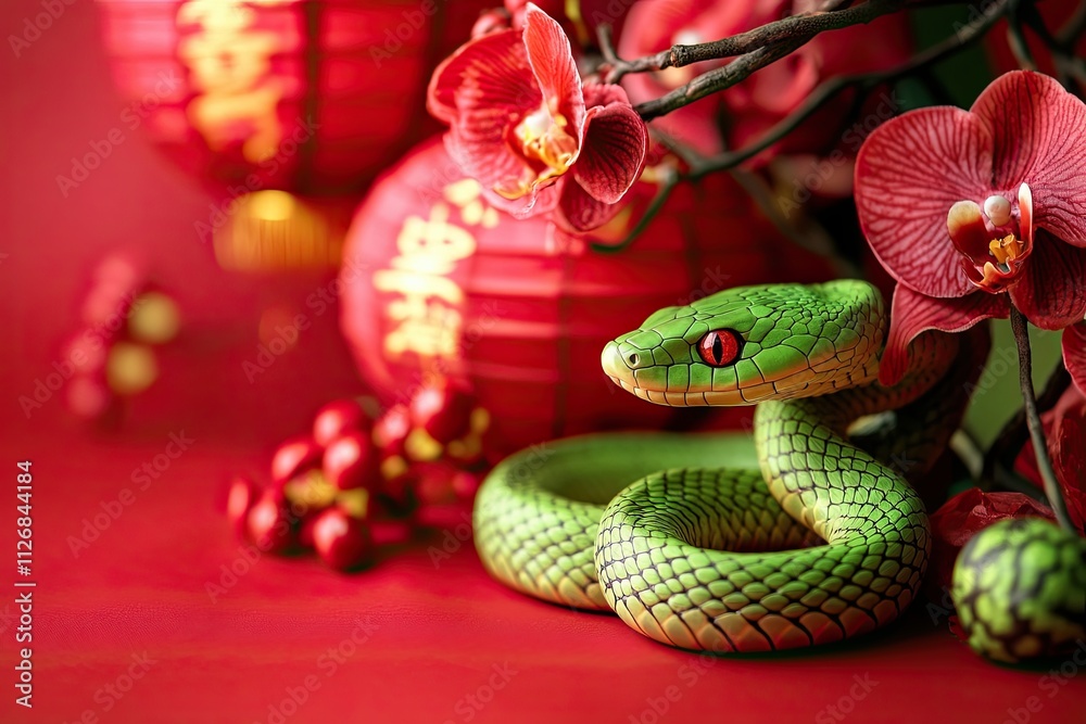 Cute snake on red background in Chinese style. Symbol of the new year 2025. Wallpaper, banner, background