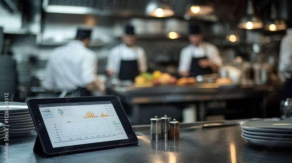 A modern kitchen with chefs, a tablet displaying analytics, and organized plates. A modern kitchen with chefs, a tablet displaying analytics, and organized plates.
