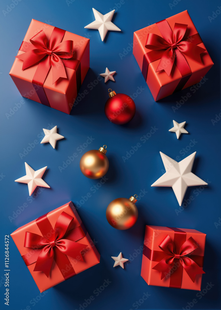 Assorted Christmas Gift Boxes with Red Ribbons, Gold Ornaments, and Decorative Stars on Blue Background Assorted Christmas Gift Boxes with Red Ribbons, Gold Ornaments, and Decorative Stars on Blue Background