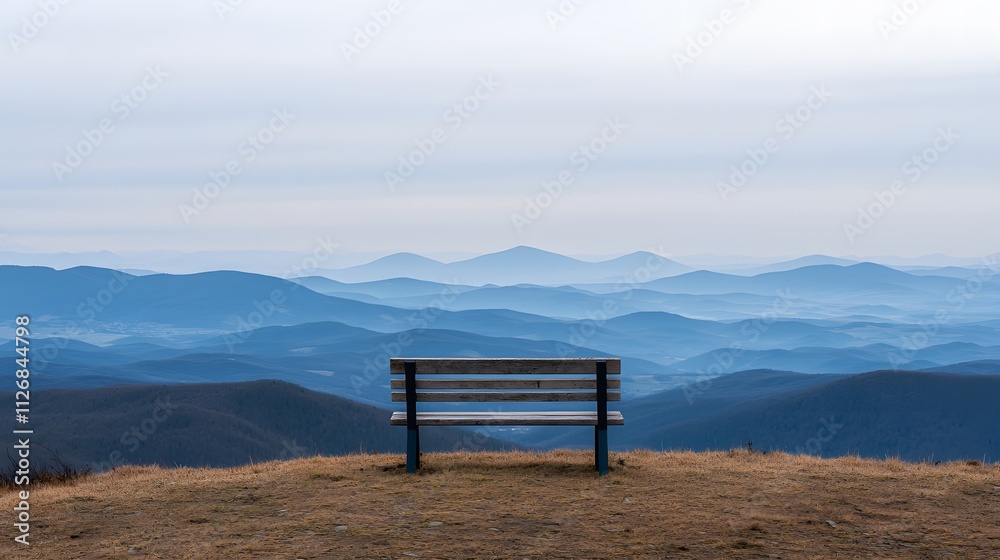 Solitary Wooden Bench on Hilltop Overlooking Majestic Mountain Range in Tranquil Landscape with Soft Hues and Misty Background Solitary Wooden Bench on Hilltop Overlooking Majestic Mountain Range in Tranquil Landscape with Soft Hues and Misty Background