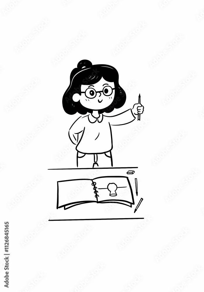 Cartoon illustration of a teacher holding a pencil and working with a sketchbook in black and white style Cartoon illustration of a teacher holding a pencil and working with a sketchbook in black and white style