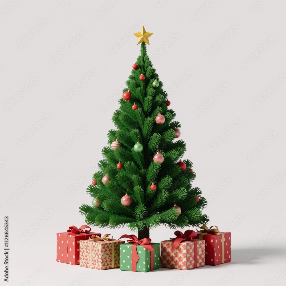 Isolated 3D illustration showcasing a green Christmas tree adorned with presents and holiday decorations Isolated 3D illustration showcasing a green Christmas tree adorned with presents and holiday decorations