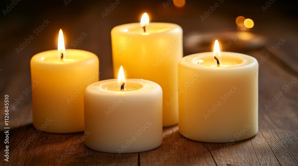 Four Lit Candles Glow On Wooden Surface Four Lit Candles Glow On Wooden Surface