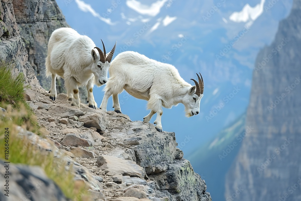 A pair of mountain goats navigate a steep rocky path in a national park. The towering granite peaks and deep valleys serve as a backdrop. A pair of mountain goats navigate a steep rocky path in a national park. The towering granite peaks and deep valleys serve as a backdrop.