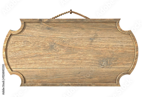 Blank rustic wooden sign with rope isolated with transparent background