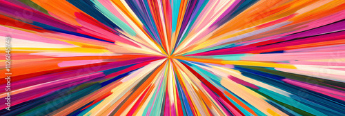 Abstract radial burst pattern, with multiple concentric layers of bright colors radiating from a central point. 