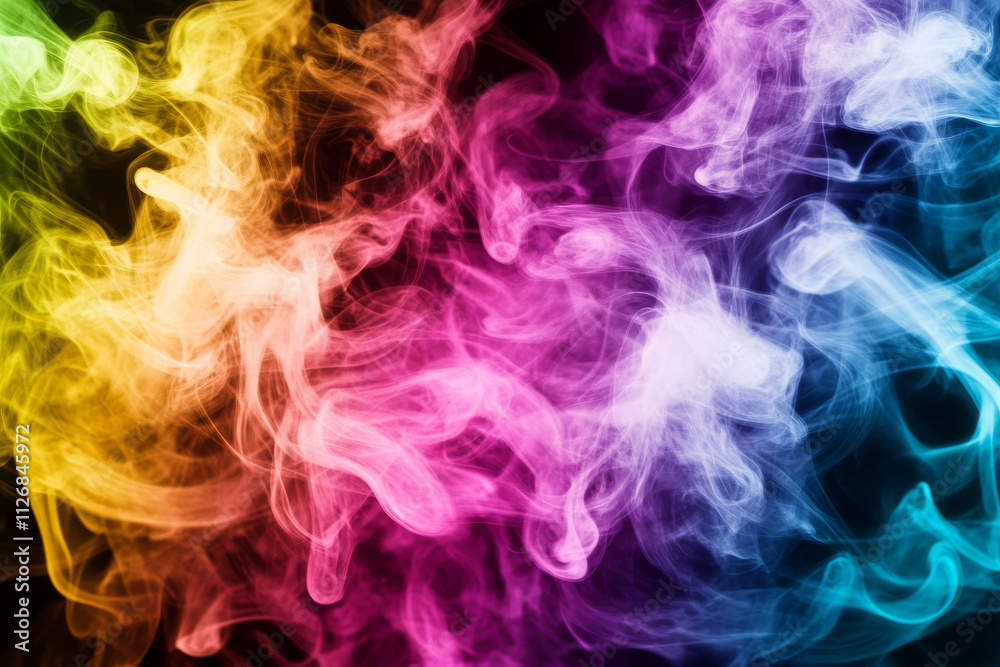 Obraz premium A vivid color smoke background of glowing neon plumes in magenta, cyan, and bright yellow, radiating vividly.