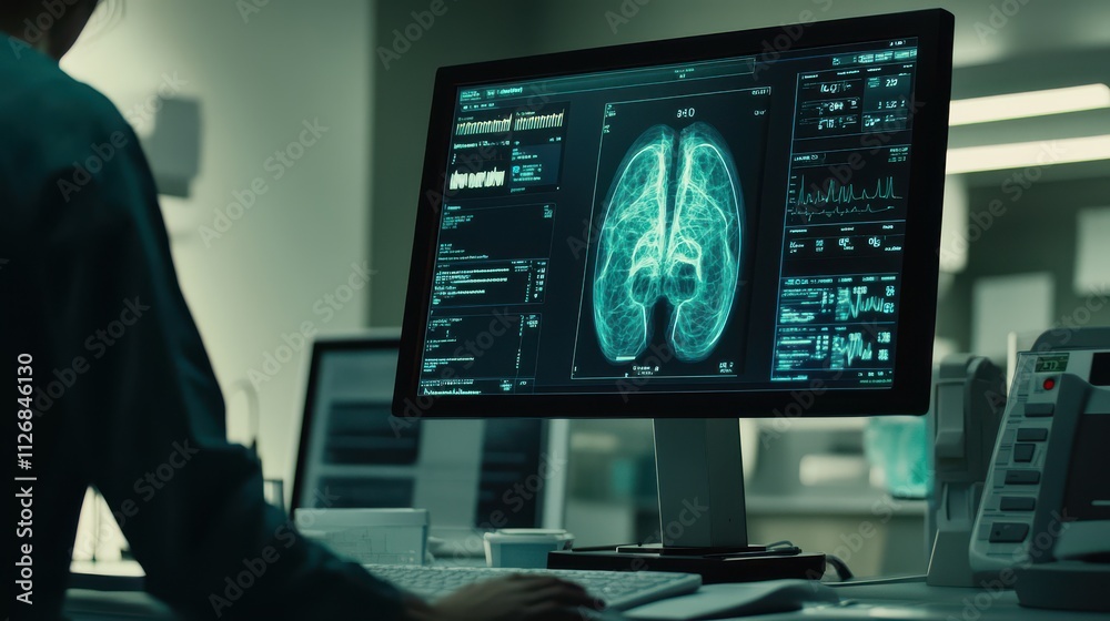 Advanced Medical Imaging Displaying Human Lungs in Neon Blue on Computer Screen in Modern Healthcare Facility with Medical Data and Analysis Tools Advanced Medical Imaging Displaying Human Lungs in Neon Blue on Computer Screen in Modern Healthcare Facility with Medical Data and Analysis Tools