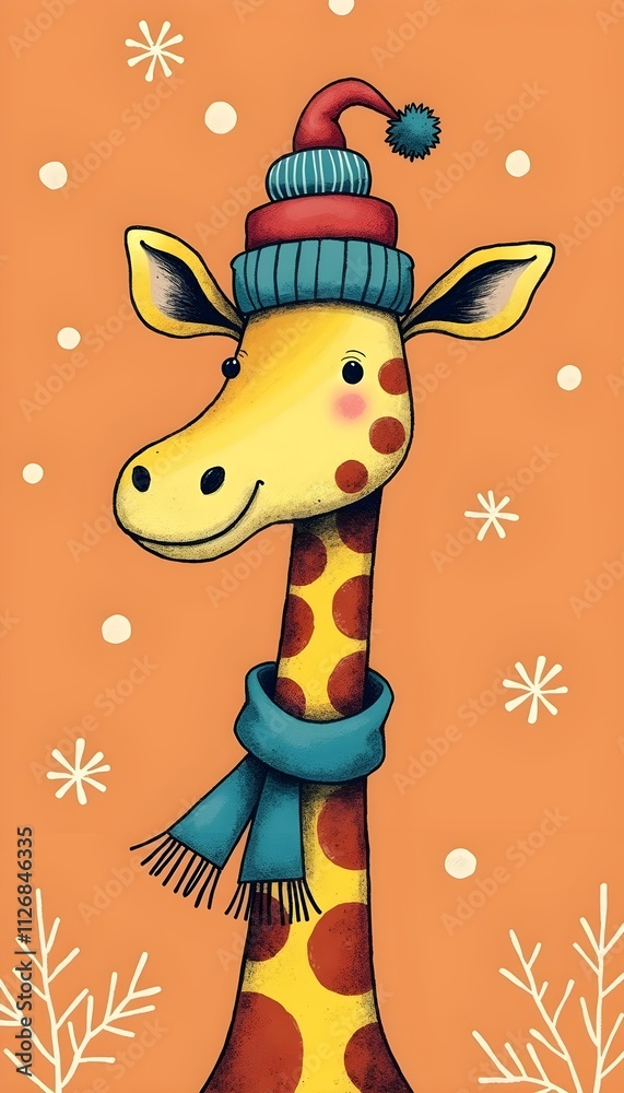 Naklejka premium Cute Giraffe in Winter Hat Scarf Christmas Card Design