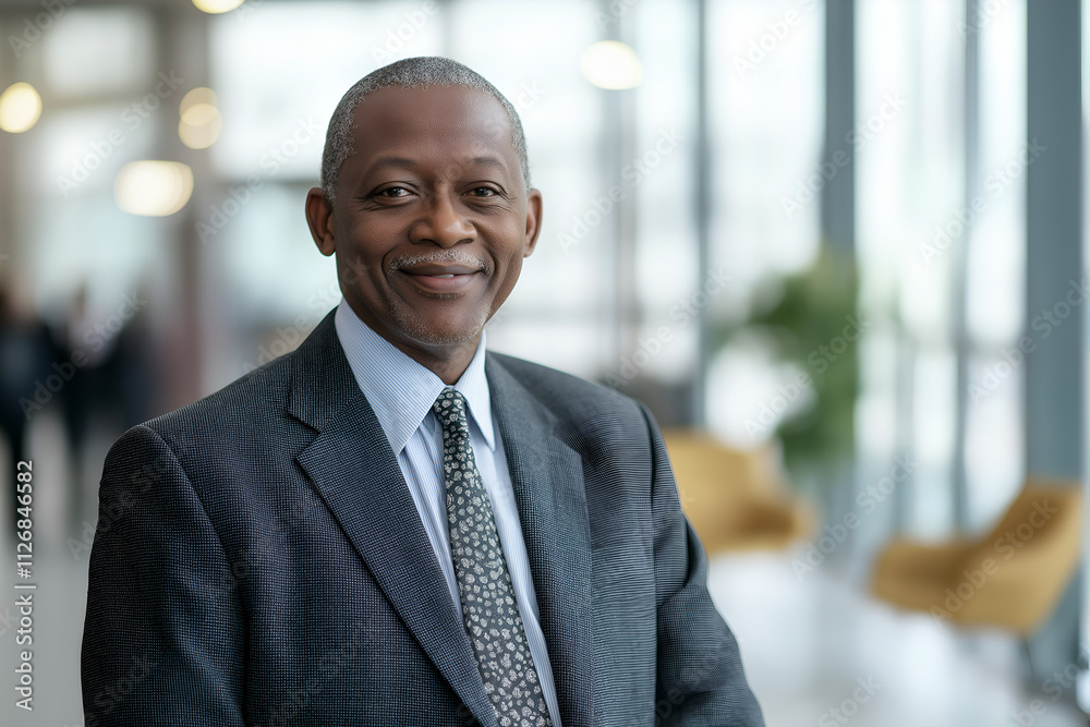 Portrait of a successful senior African American businessman looking at camera and smiling inside modern office building Portrait of a successful senior African American businessman looking at camera and smiling inside modern office building