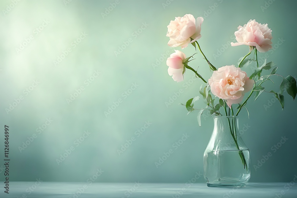 A bouquet of delicate pink roses in a glass vase on a table. A bouquet of delicate pink roses in a glass vase on a table.