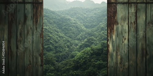 A weathered wooden panel transitioning into a mural of lush green forests and mountain ranges, softly glowing under natural light. photo