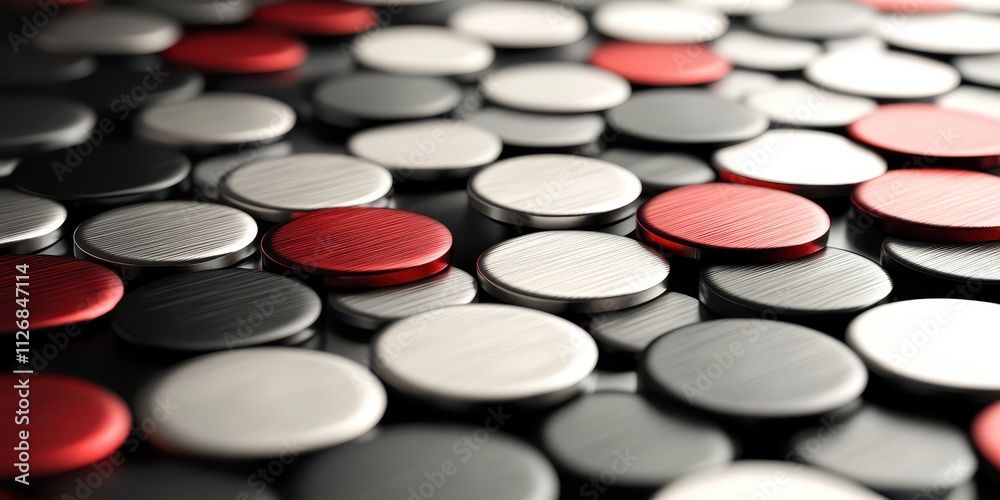 A brushed aluminum surface transitioning into a geometric tile pattern with bold black, white, and red accents, illuminated by soft ambient light. A brushed aluminum surface transitioning into a geometric tile pattern with bold black, white, and red accents, illuminated by soft ambient light.