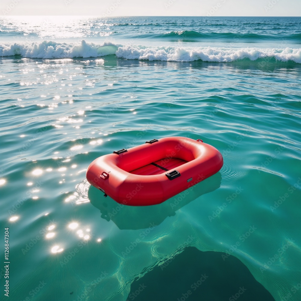 A floating red raft rests atop the watery expanse A floating red raft rests atop the watery expanse
