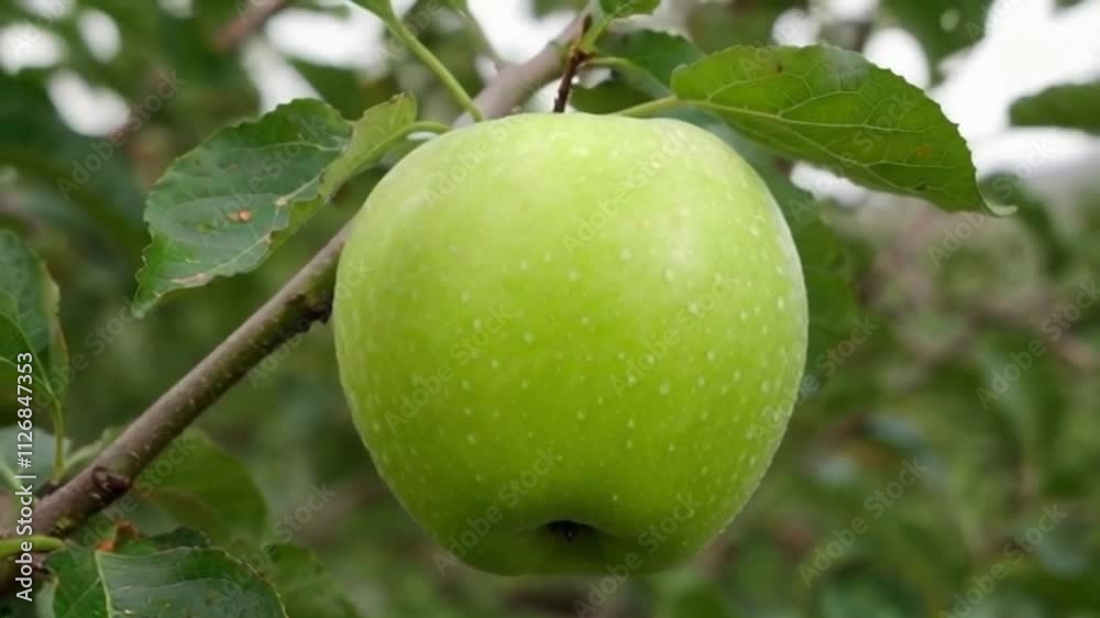A juicy green apple on a branch of an apple tree in the sun A juicy green apple on a branch of an apple tree in the sun