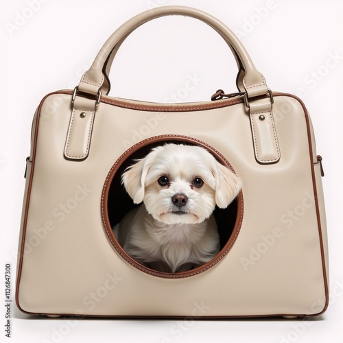 A Maltese dog eagerly awaits its travel adventure within a carrier bag photo