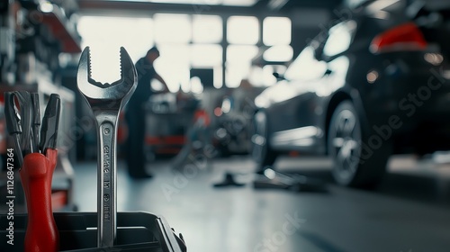 Close-up of a wrench in an auto repair shop with a mechanic working on a vehicle in the background.