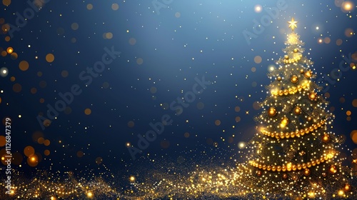 Sparkling Christmas tree with gold lights and bokeh on a dark blue background.