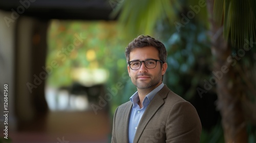 Man wearing a brown jacket and glasses