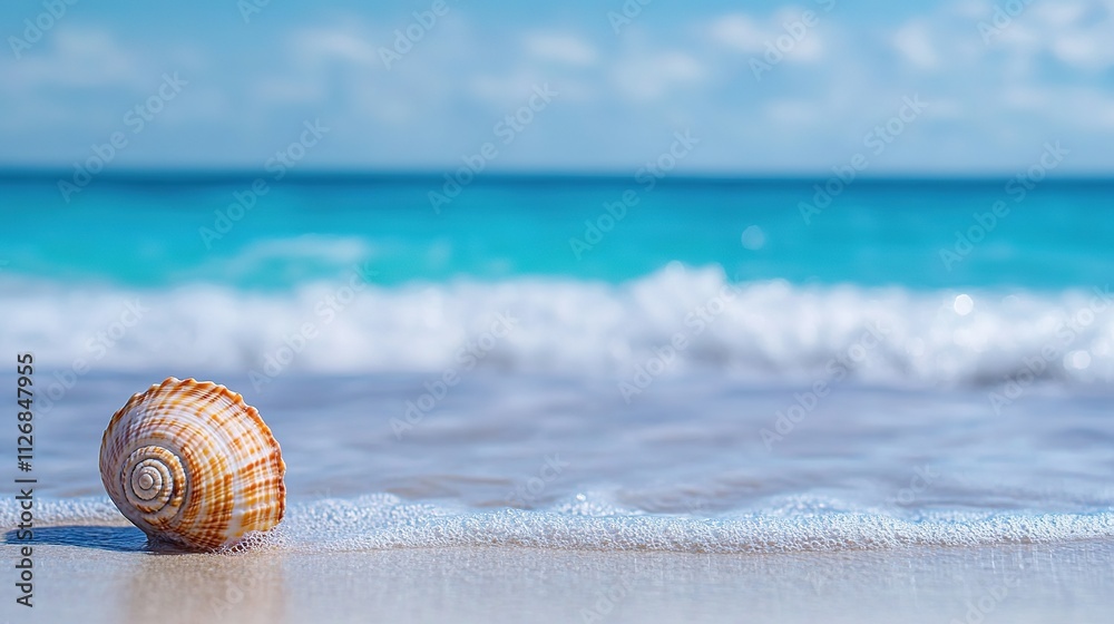 seashell on beach with ocean waves gently in background blurred and smooth offering relaxed serene feeling with vast