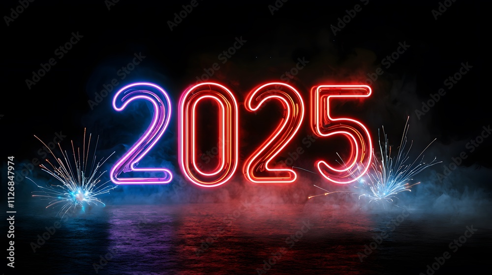 Vibrant Neon 2025 in Multicolored Lights Surrounded by Subtle Fog and Sparkling Fireworks Creating a Festive and Magical Atmosphere at Night Vibrant Neon 2025 in Multicolored Lights Surrounded by Subtle Fog and Sparkling Fireworks Creating a Festive and Magical Atmosphere at Night