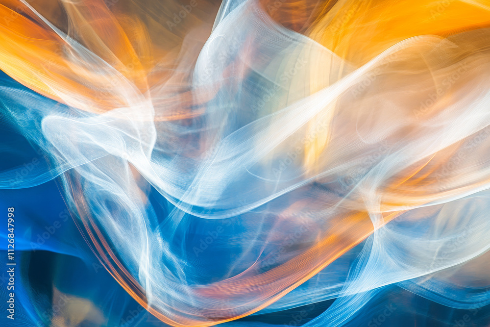 An abstract digital background with flowing light trails in vivid blue, orange, and white, creating a sense of motion.