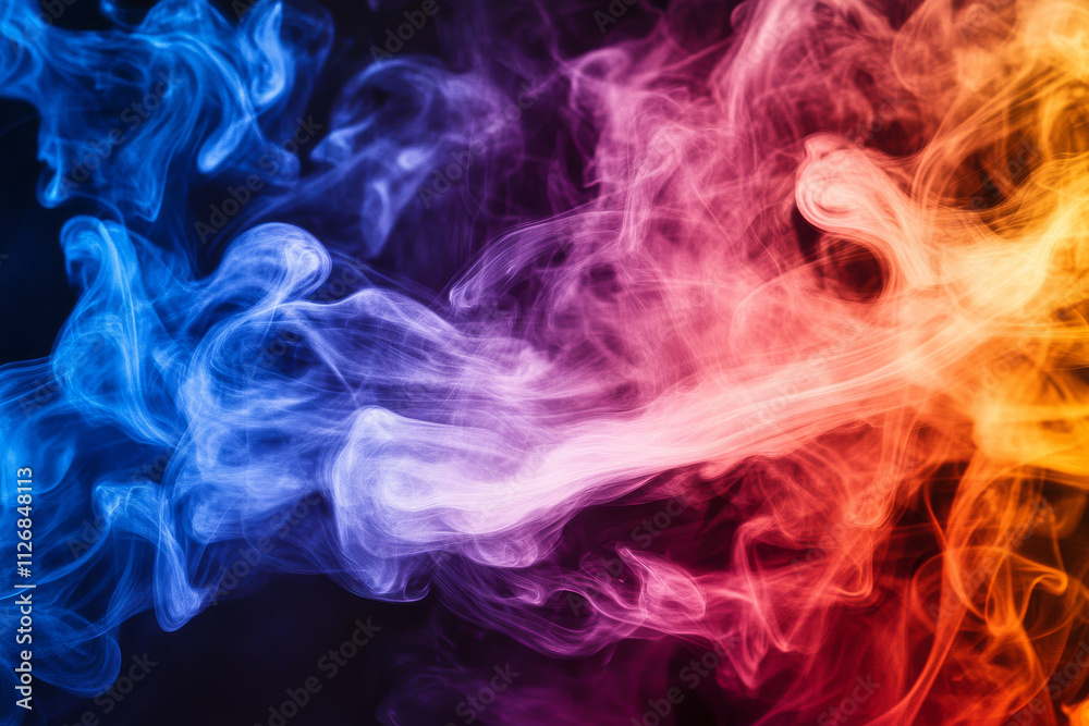 Obraz premium A vibrant color smoke background with dramatic swirling patterns of deep blue, magenta, and orange over a dark void.