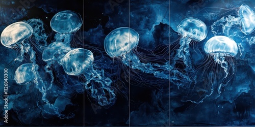 A smooth ceramic tile pattern merging into a mural of glowing jellyfish in deep ocean hues, softly illuminated by cool studio lighting.