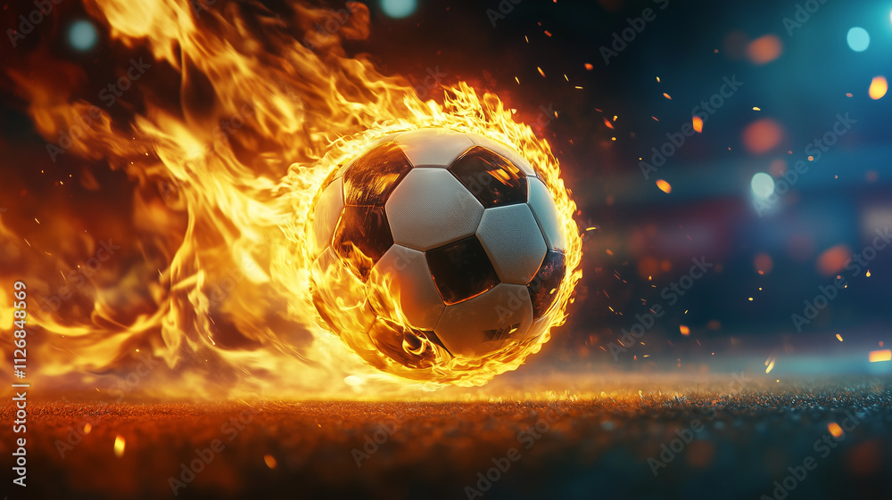 Fototapeta premium Fiery Soccer Ball in Motion with Flames Banner or background 