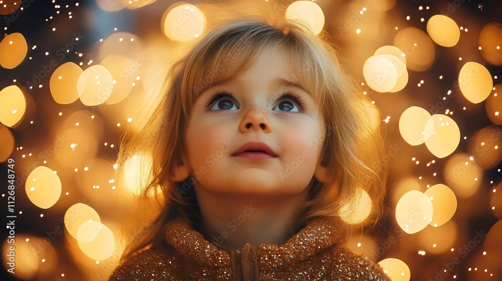 A young girl is looking up at the camera with a smile on her face