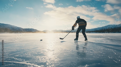 Portrait of player playing hockey on ice rink in position to hit hockey puck,One hockey player on ice in action,Professional Player Shooting the Puck,match, game, action,Concept of sport. photo