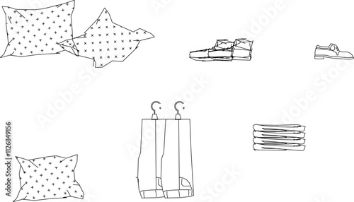 Vector sketch illustration of the silhouette of a shop window containing fashion accessories and pillows.eps