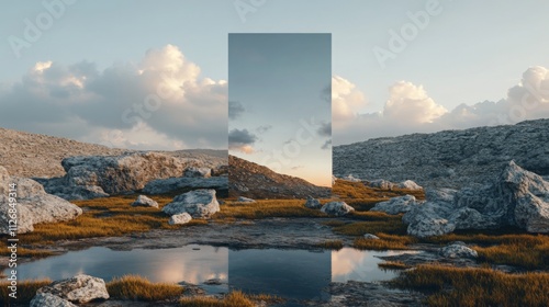 Outdoor landscape billboard for advertising. Modern aesthetic white empty Mock-up for business or celebration event. Banner with copy space photo