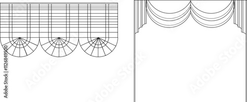 Vector sketch illustration of the interior design silhouette of fabric curtains for room dividing partitions.eps