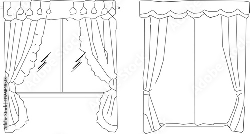 Vector sketch illustration of the interior design silhouette of fabric curtains for room dividing partitions.eps