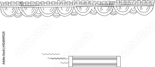 Vector sketch illustration of the interior design silhouette of fabric curtains for room dividing partitions.eps