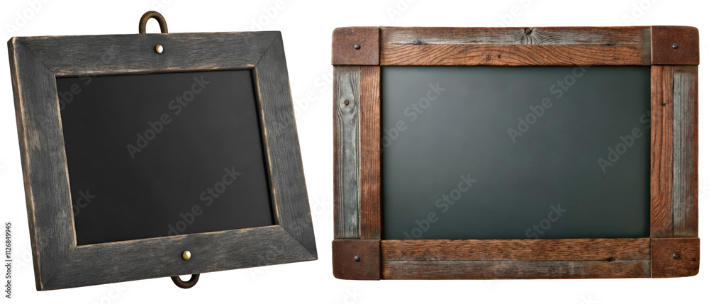 Obraz premium Empty rustic wooden chalkboard frame isolated with transparent background
