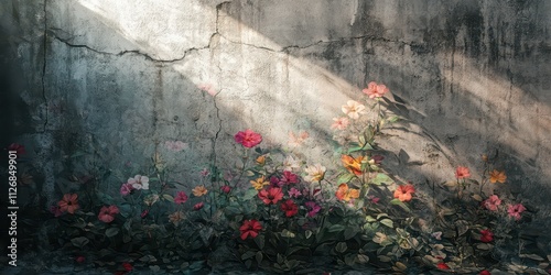 A cracked concrete wall blending into a mural of vibrant blooming flowers, softly illuminated by natural sunlight.