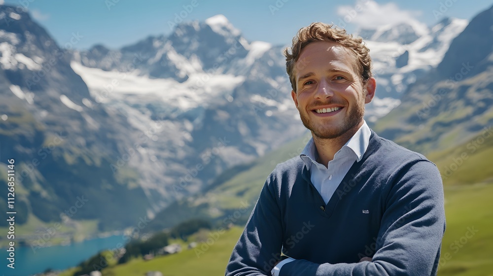 Man Smiles in Front of Majestic Swiss Alps Mountains Man Smiles in Front of Majestic Swiss Alps Mountains