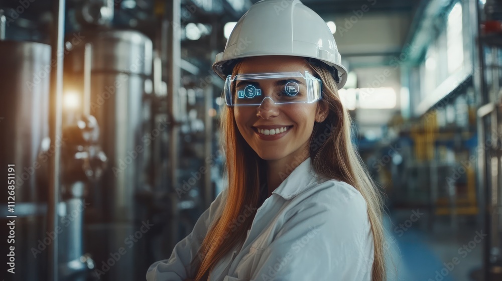 A smiling woman in safety gear stands confidently in an industrial setting. A smiling woman in safety gear stands confidently in an industrial setting.