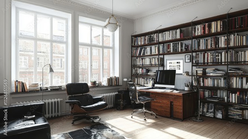 Cozy Home Office with Bookshelves and Large Windows Cozy Home Office with Bookshelves and Large Windows