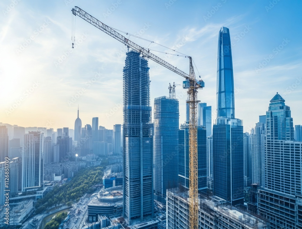 Fototapeta premium A Majestic Cityscape Under Construction: Towering Structures and Modern Architecture