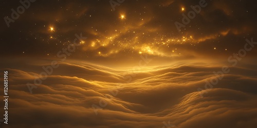 Fototapeta Naklejka Na Ścianę i Meble -  A serene night sky with golden constellations and softly illuminated swirling clouds.